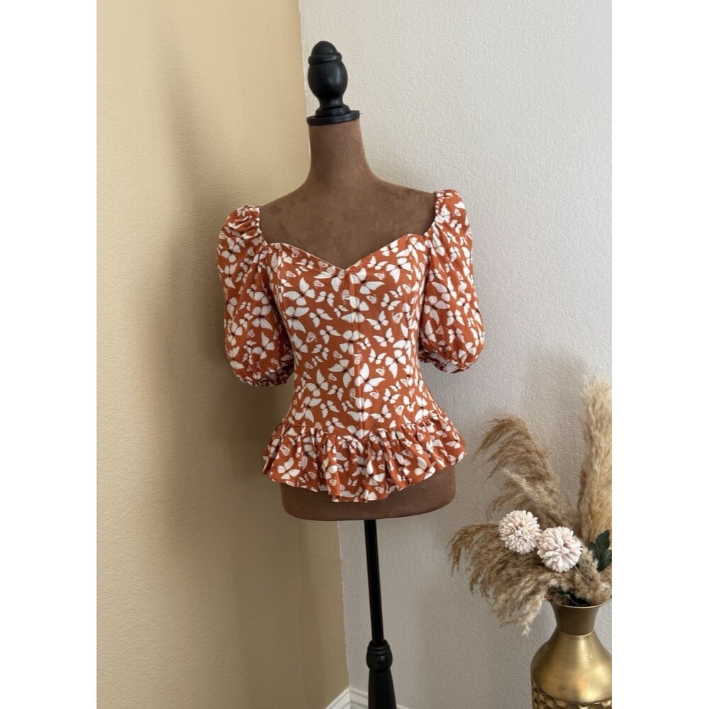 Milk & Honey Womens L Top Rust Orange Butterfly Print Puff Sleeve Peplum Smocked